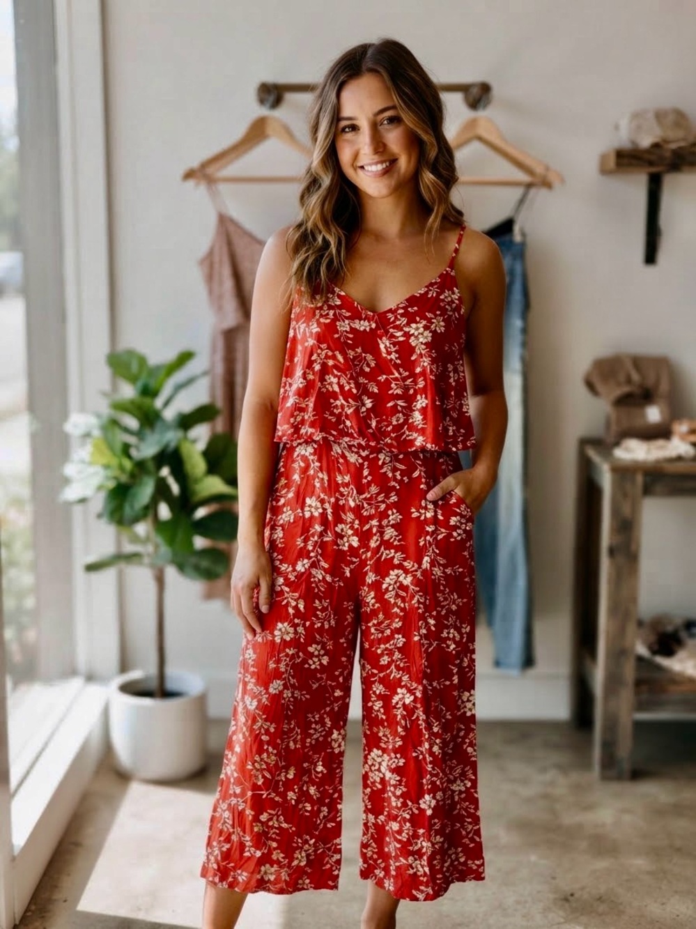 Women’s Red Floral Spaghetti-Strap Jumpsuit